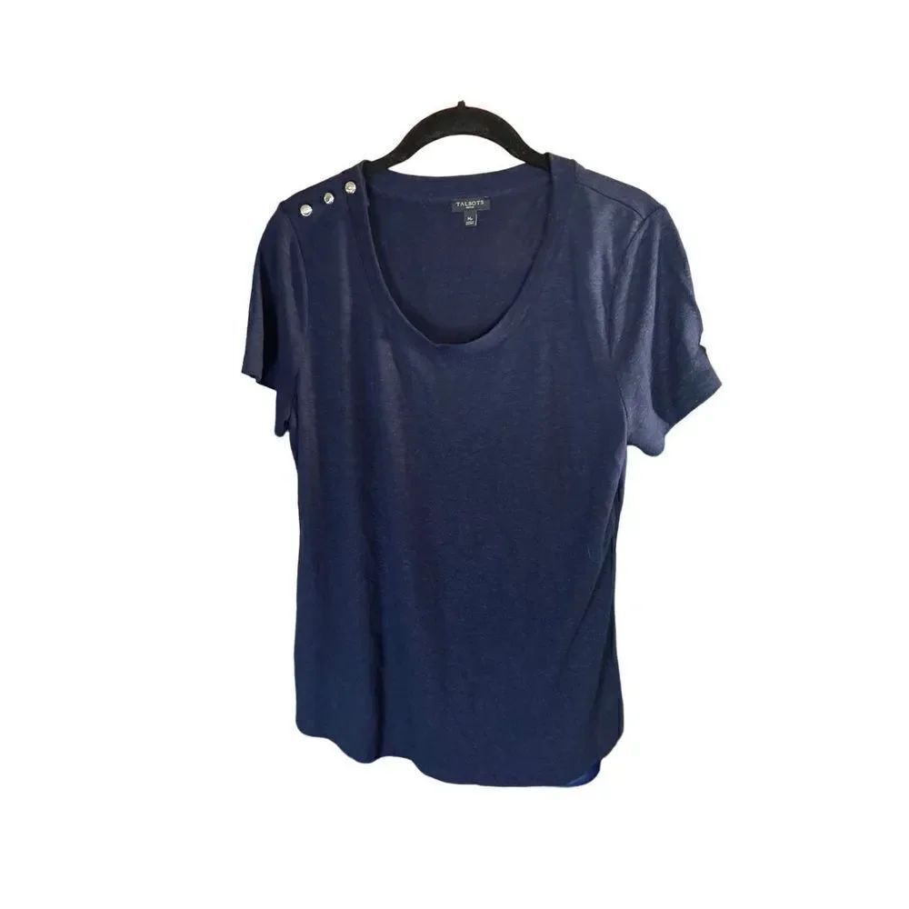 Talbots scoop neck navy blue button shoulder detail linen blend T-shirt size MP
